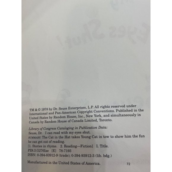 Dr Seuss I can Read with My Eyes Shut Beginner Book Random House 1978 - Picture 5 of 6